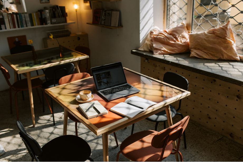 A warm sunlit studio prepared for a conversation